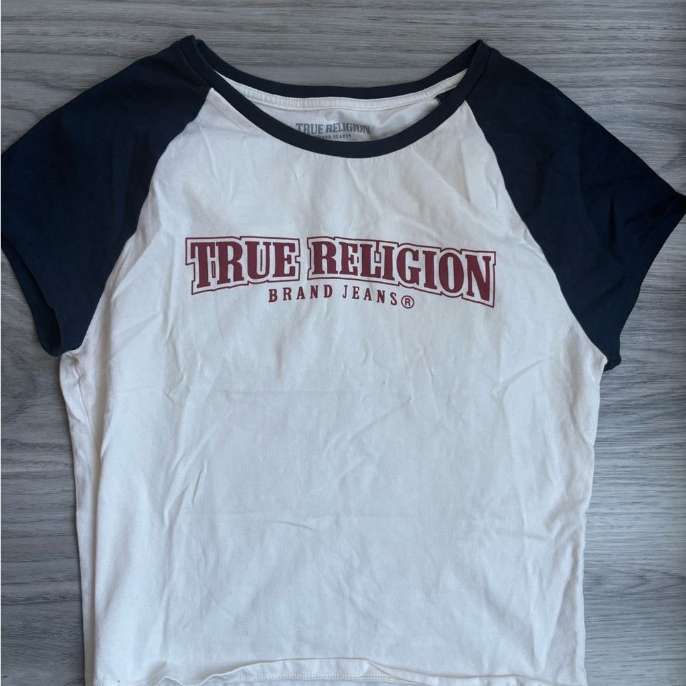 True Religion Women's Navy and White Raglan Top. Size L